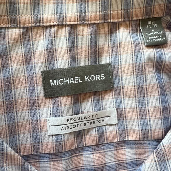 Michael Kors Beige Blue Plaid Button Up L 16.5 34/35 Regular Fit Airsoft Stretch - Picture 3 of 4